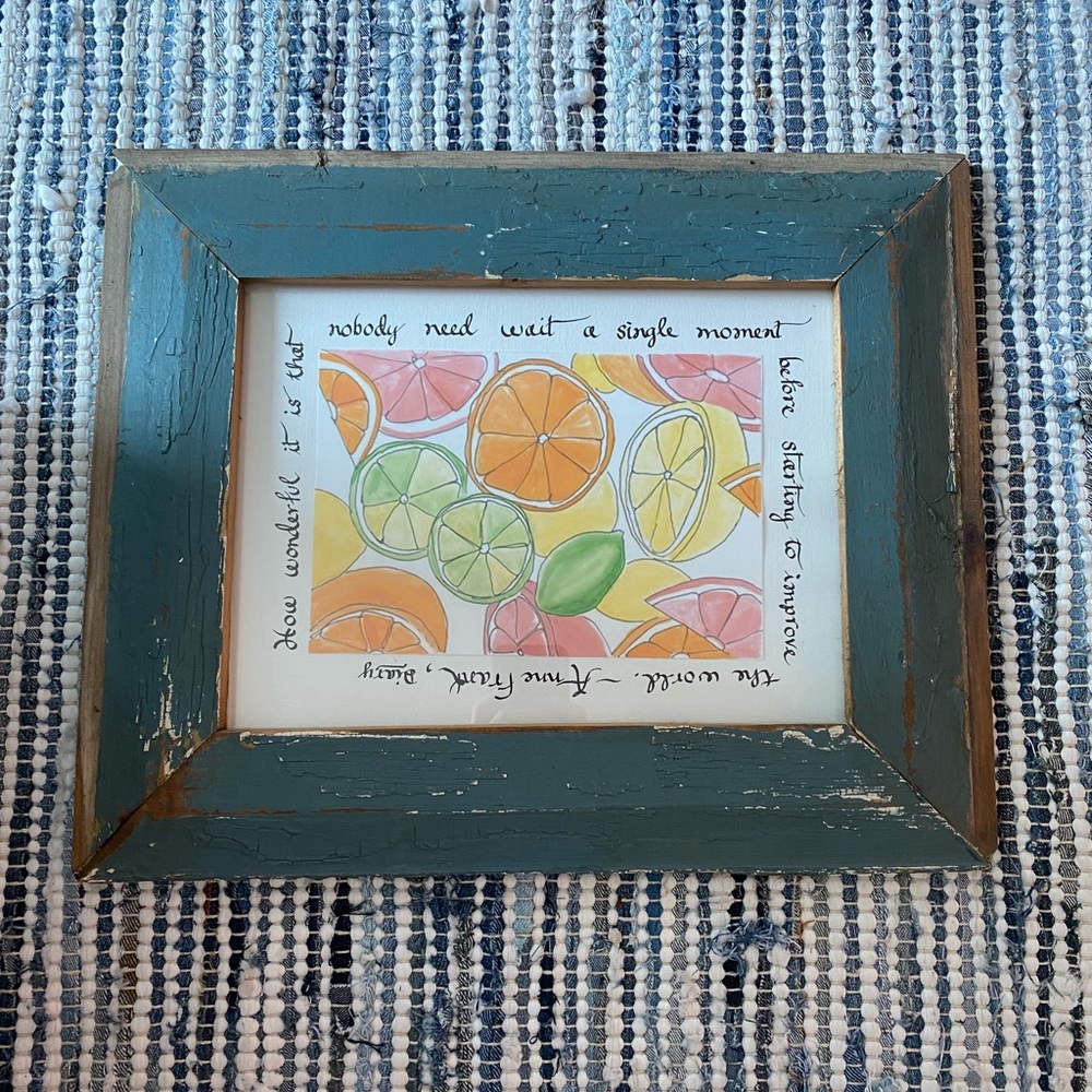 Watercolor print with blue wooden handmade frame.